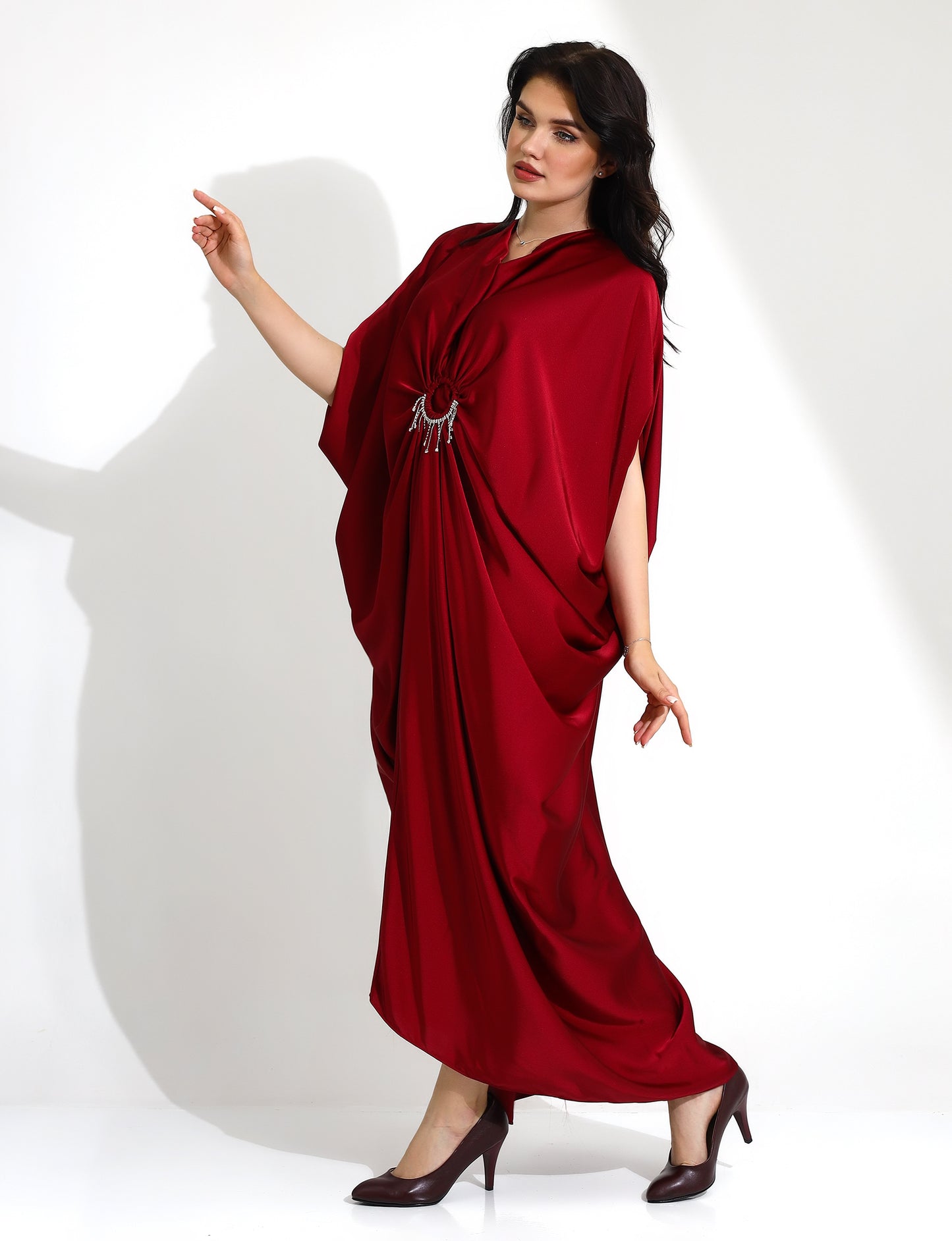 Elegant Burgundy Kaftan Dress with Embellished Detail