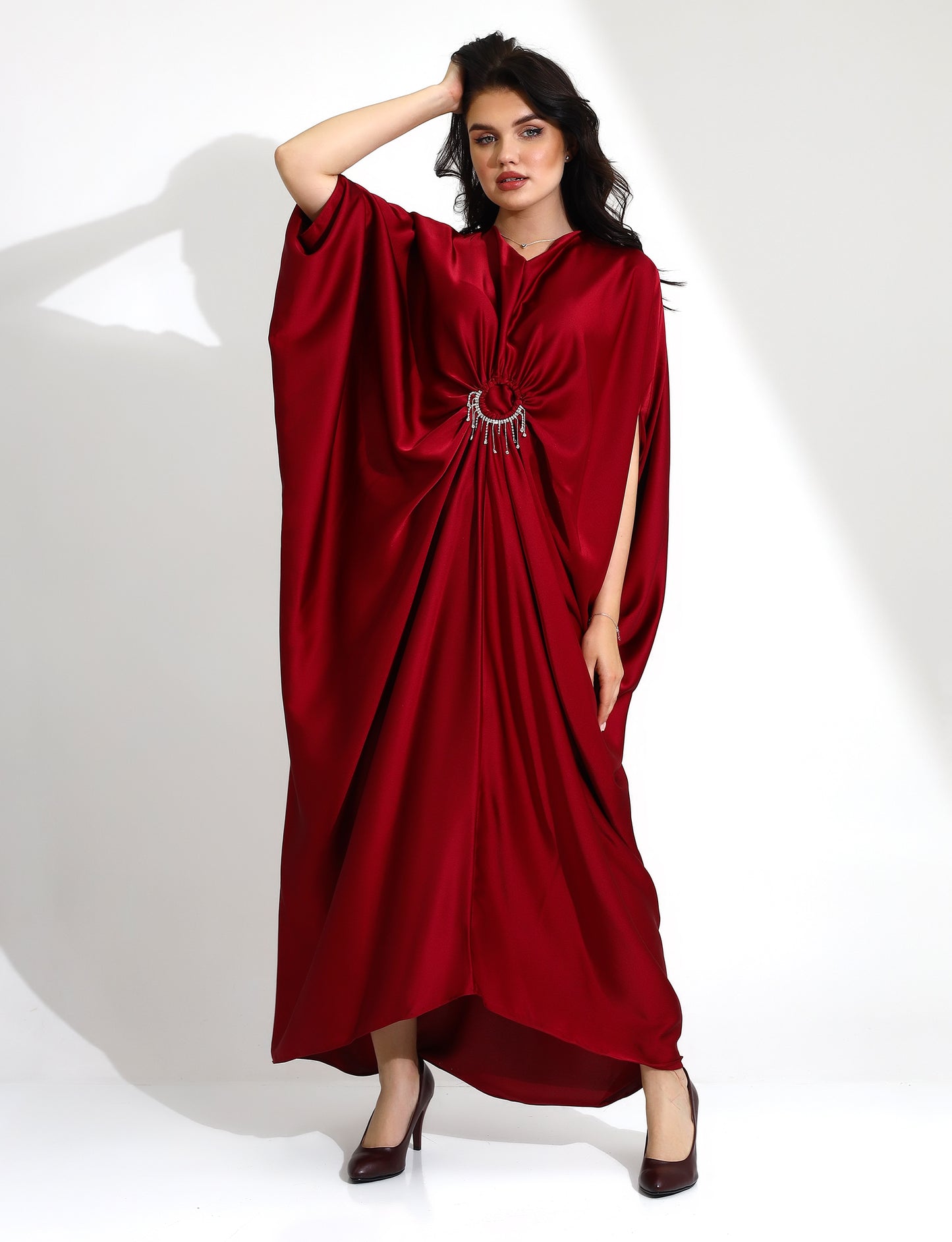 Elegant Burgundy Kaftan Dress with Embellished Detail
