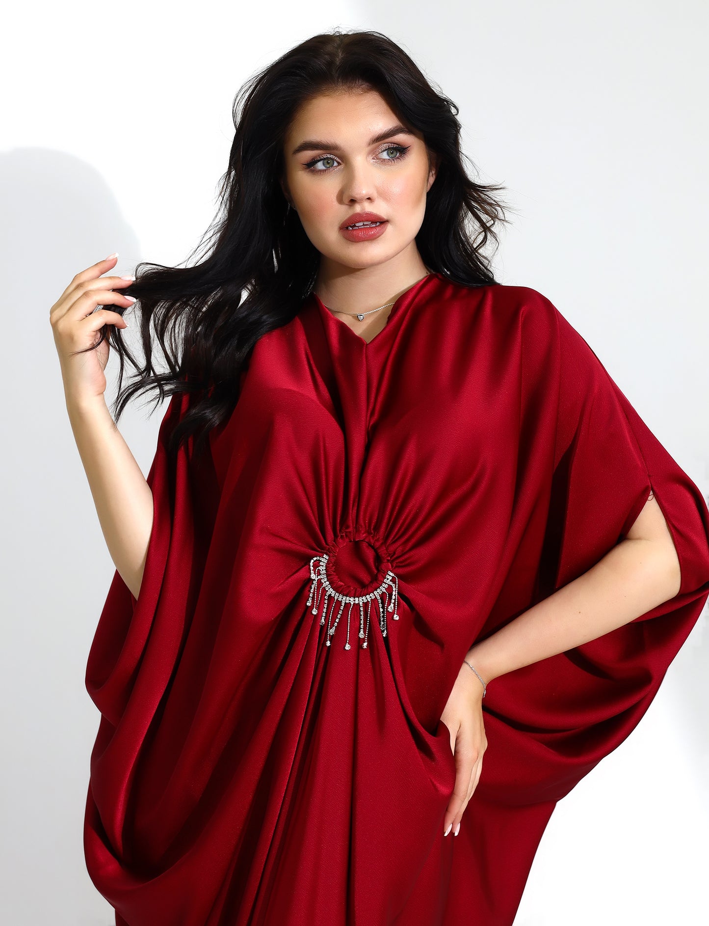 Elegant Burgundy Kaftan Dress with Embellished Detail