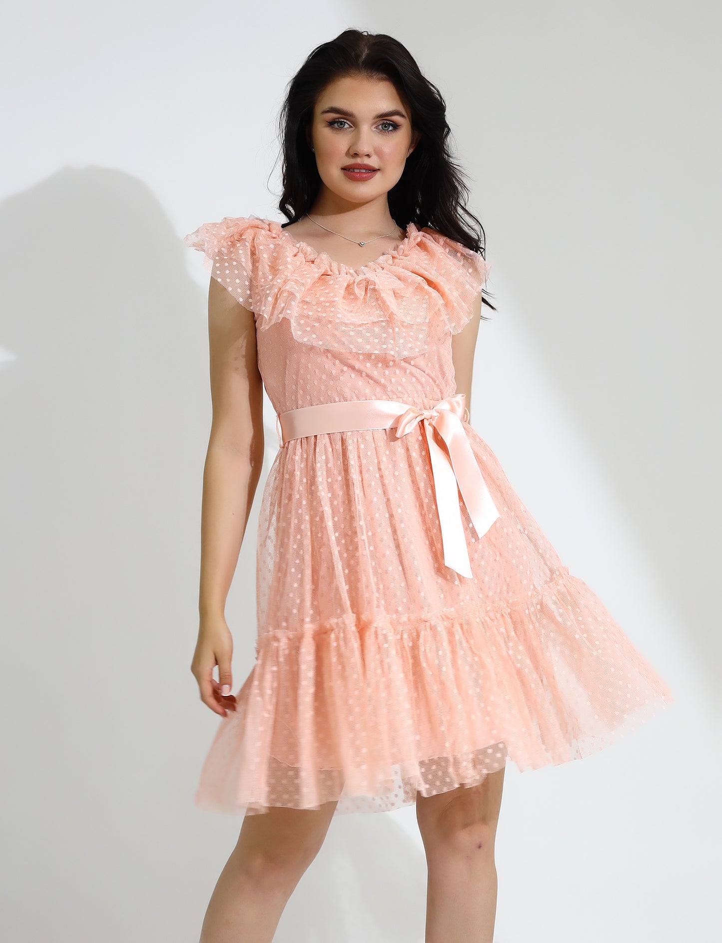Peach Ruffled Polka Dot Dress with Satin Belt