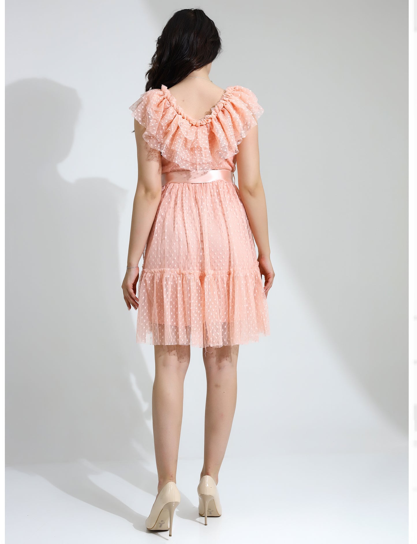 Peach Ruffled Polka Dot Dress with Satin Belt
