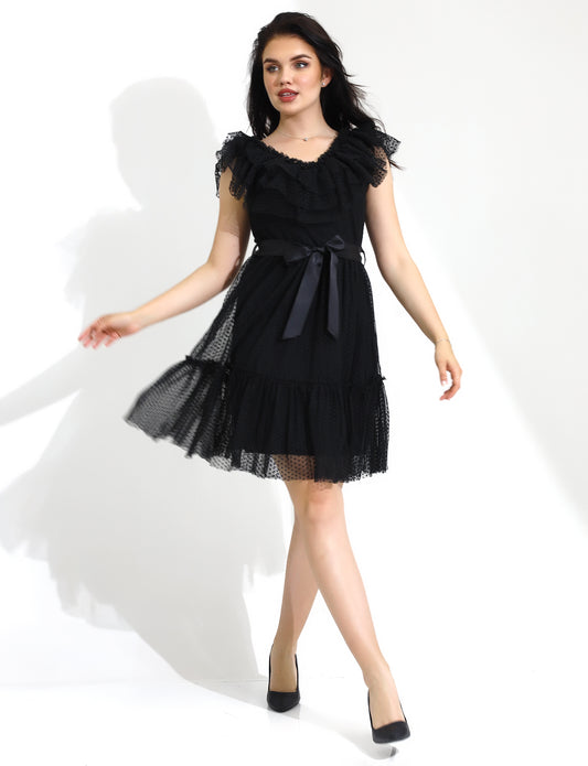Elegant Black Ruffled Polka Dot Short Dress