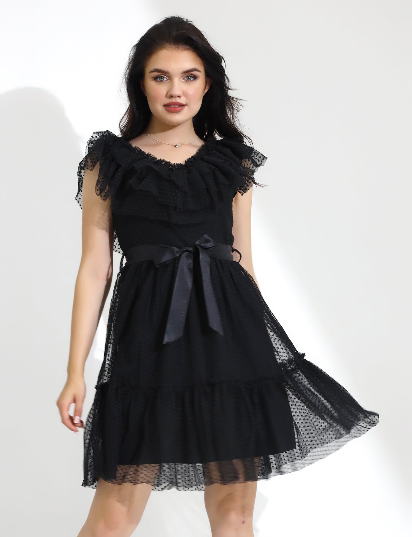 Elegant Black Ruffled Polka Dot Short Dress