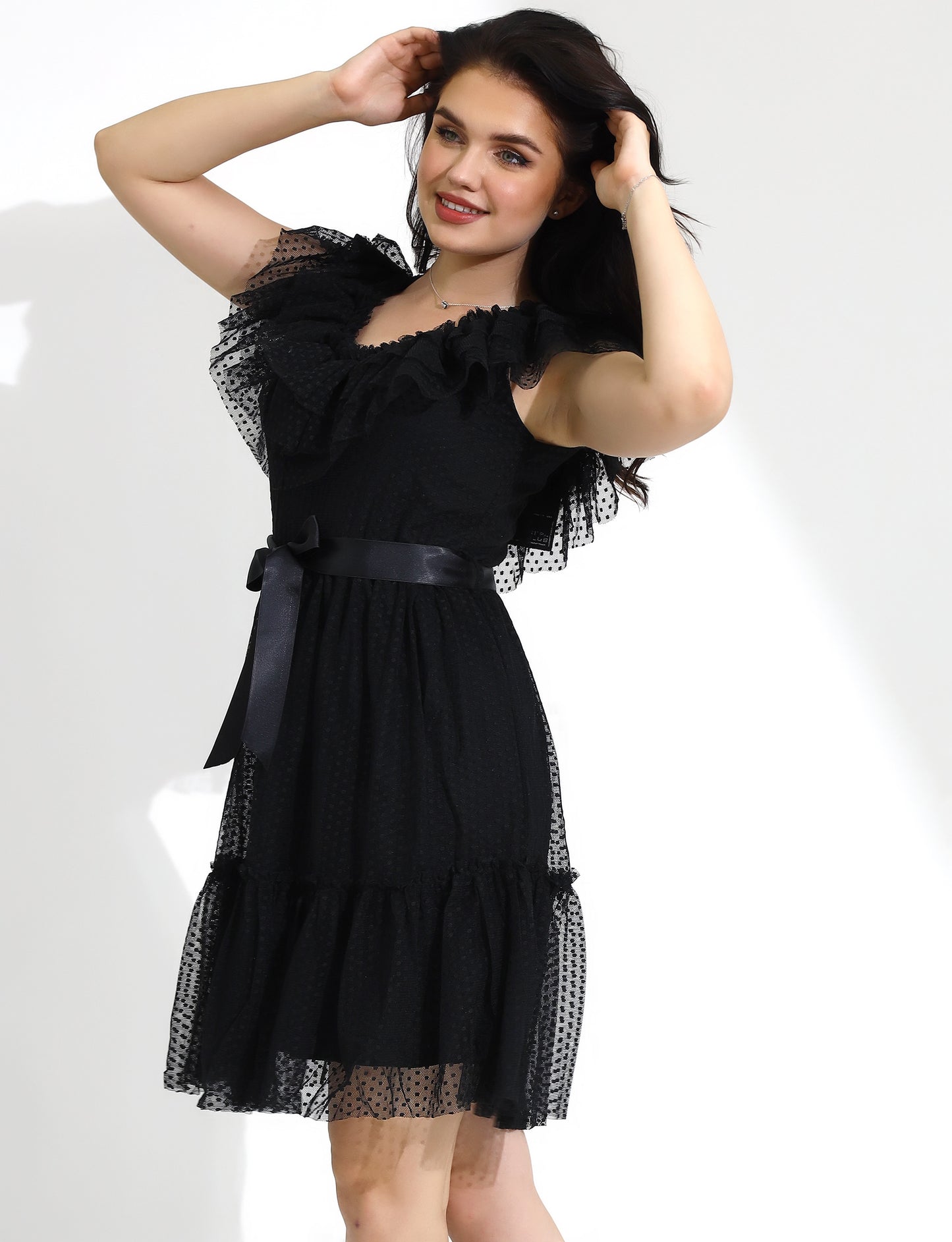 Elegant Black Ruffled Polka Dot Short Dress