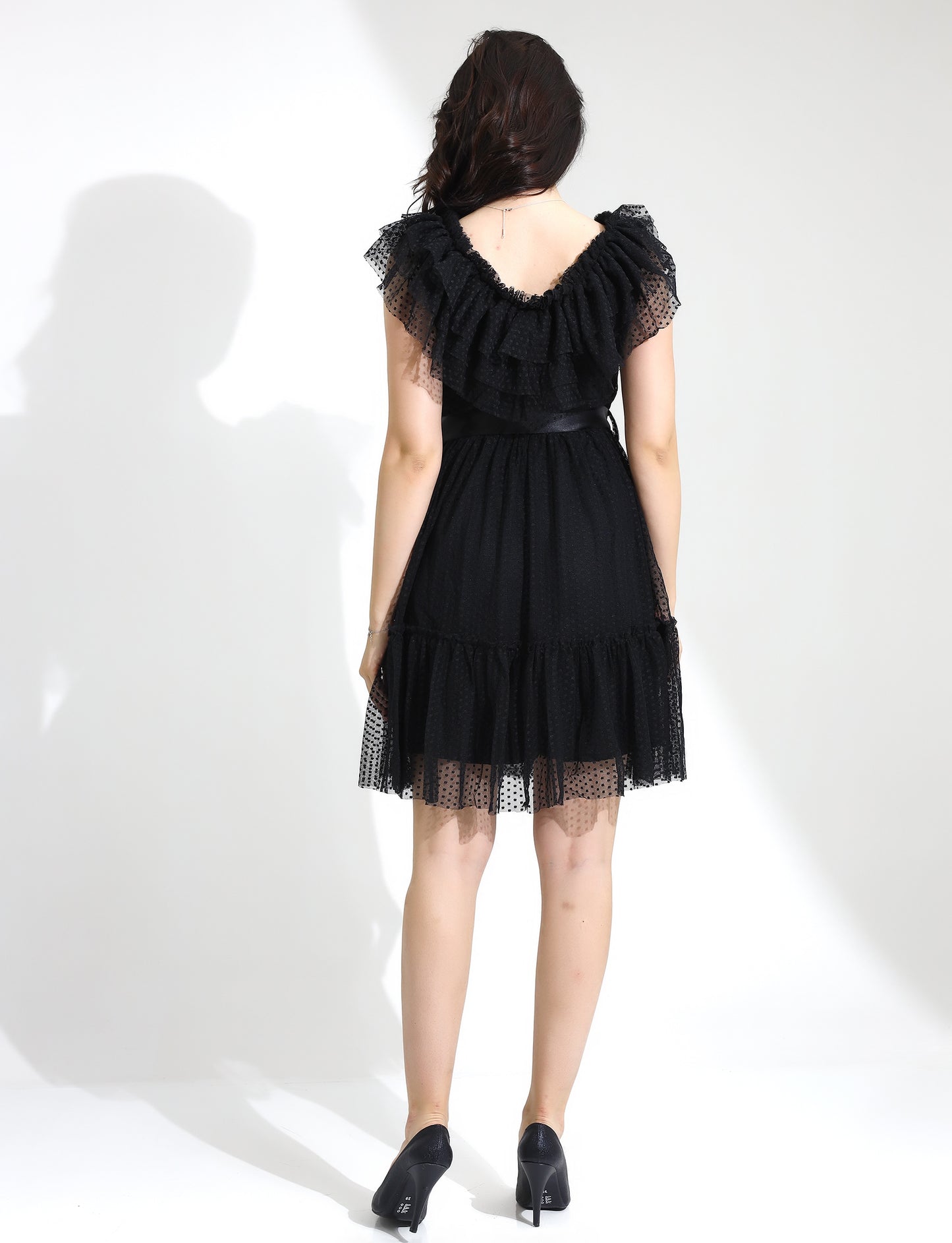 Elegant Black Ruffled Polka Dot Short Dress