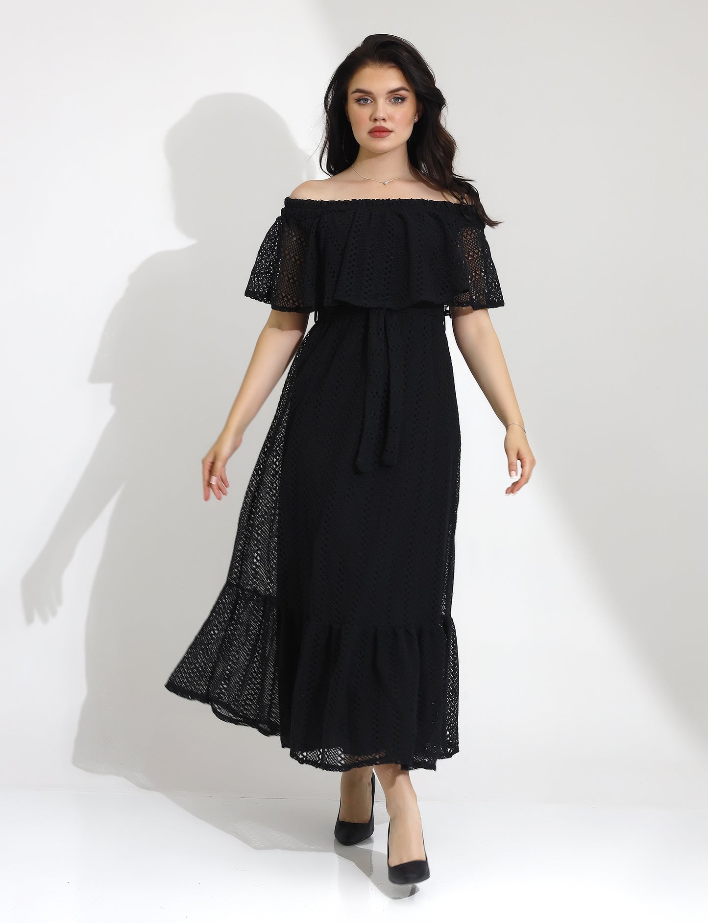 Elegant Black Off-Shoulder Maxi Dress with Ruffle Overlay