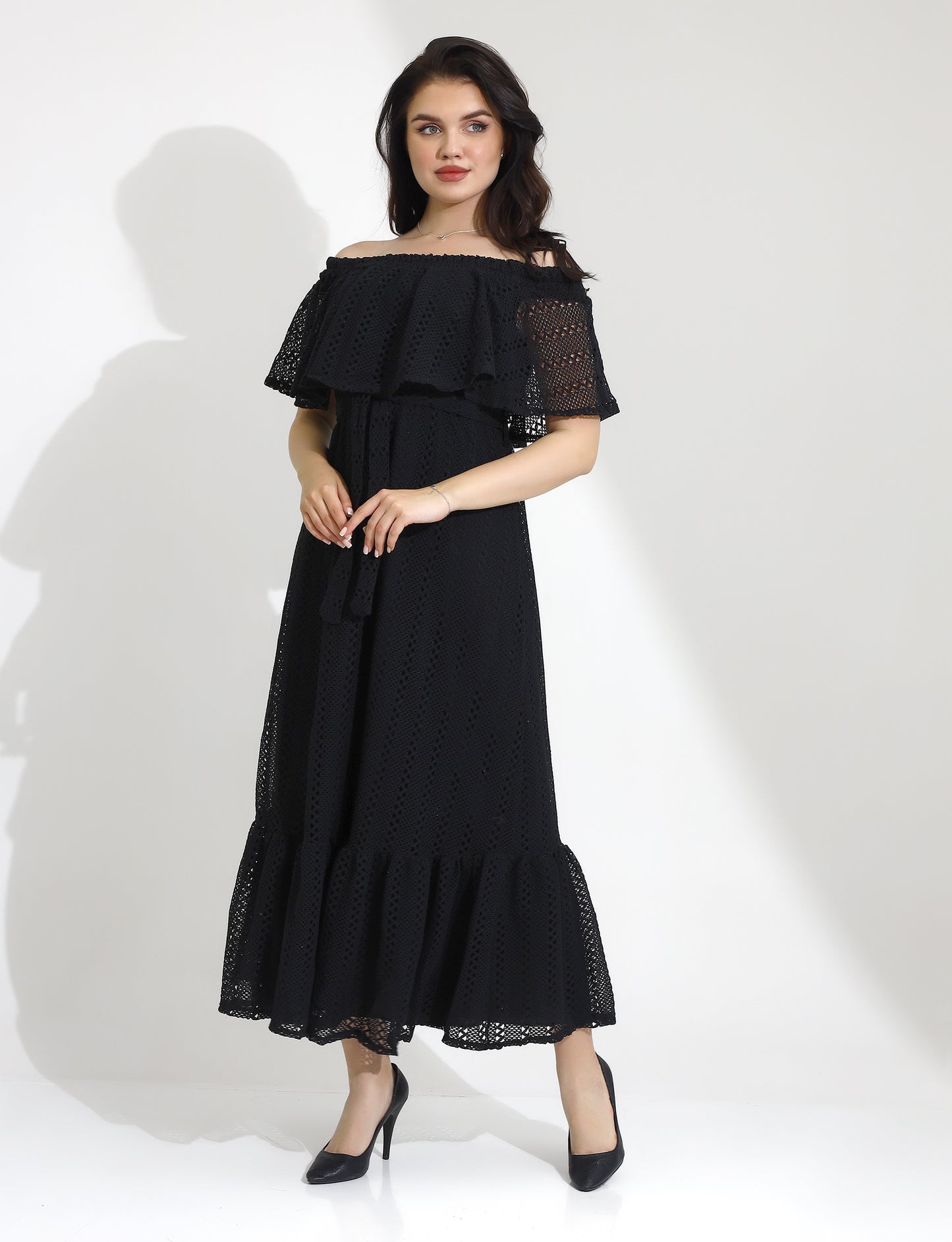 Elegant Black Off-Shoulder Maxi Dress with Ruffle Overlay