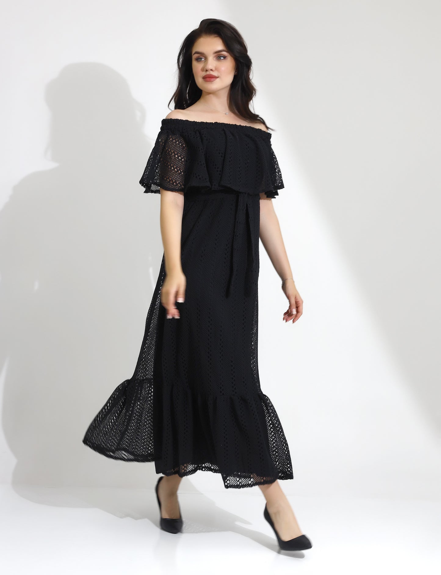 Elegant Black Off-Shoulder Maxi Dress with Ruffle Overlay
