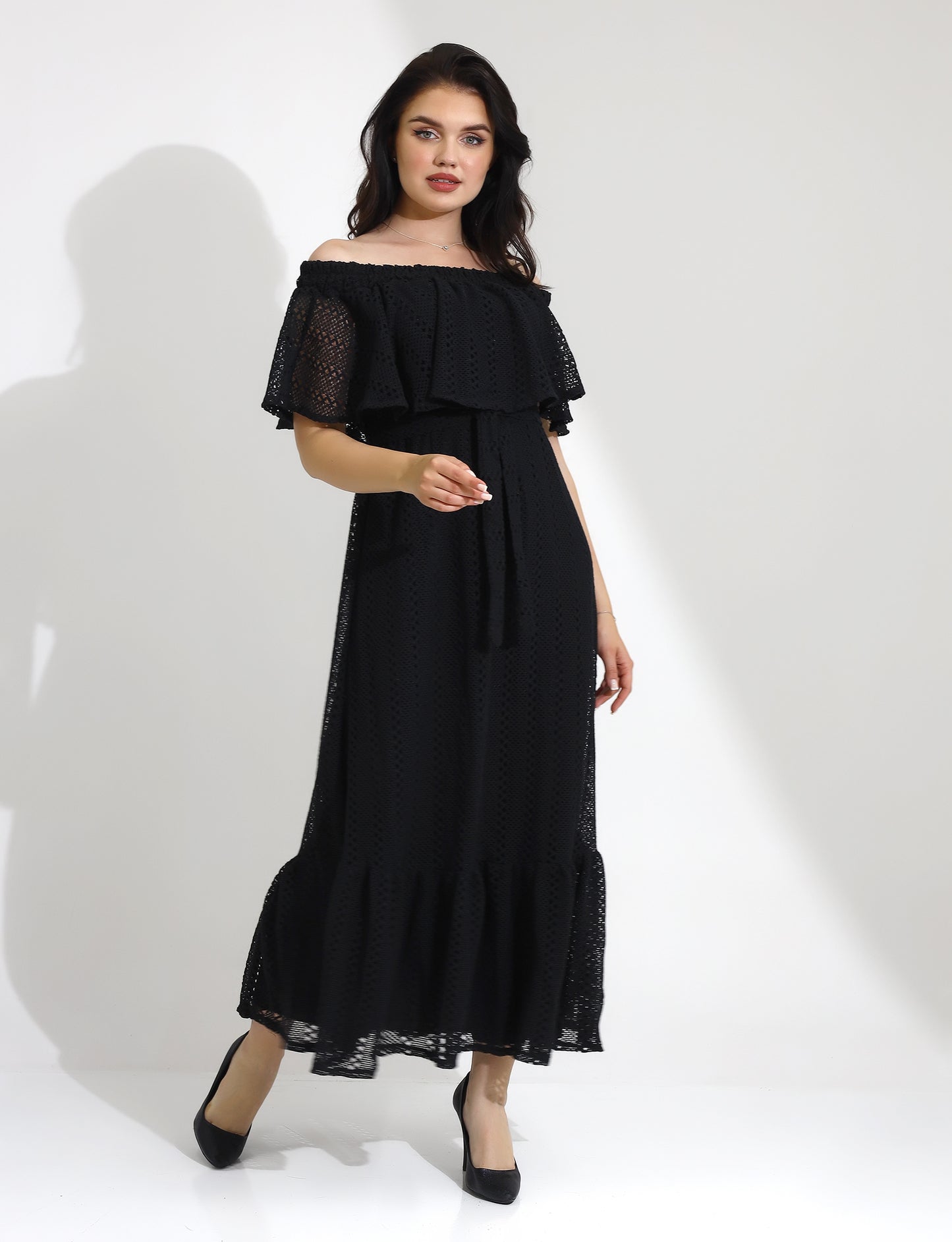 Elegant Black Off-Shoulder Maxi Dress with Ruffle Overlay