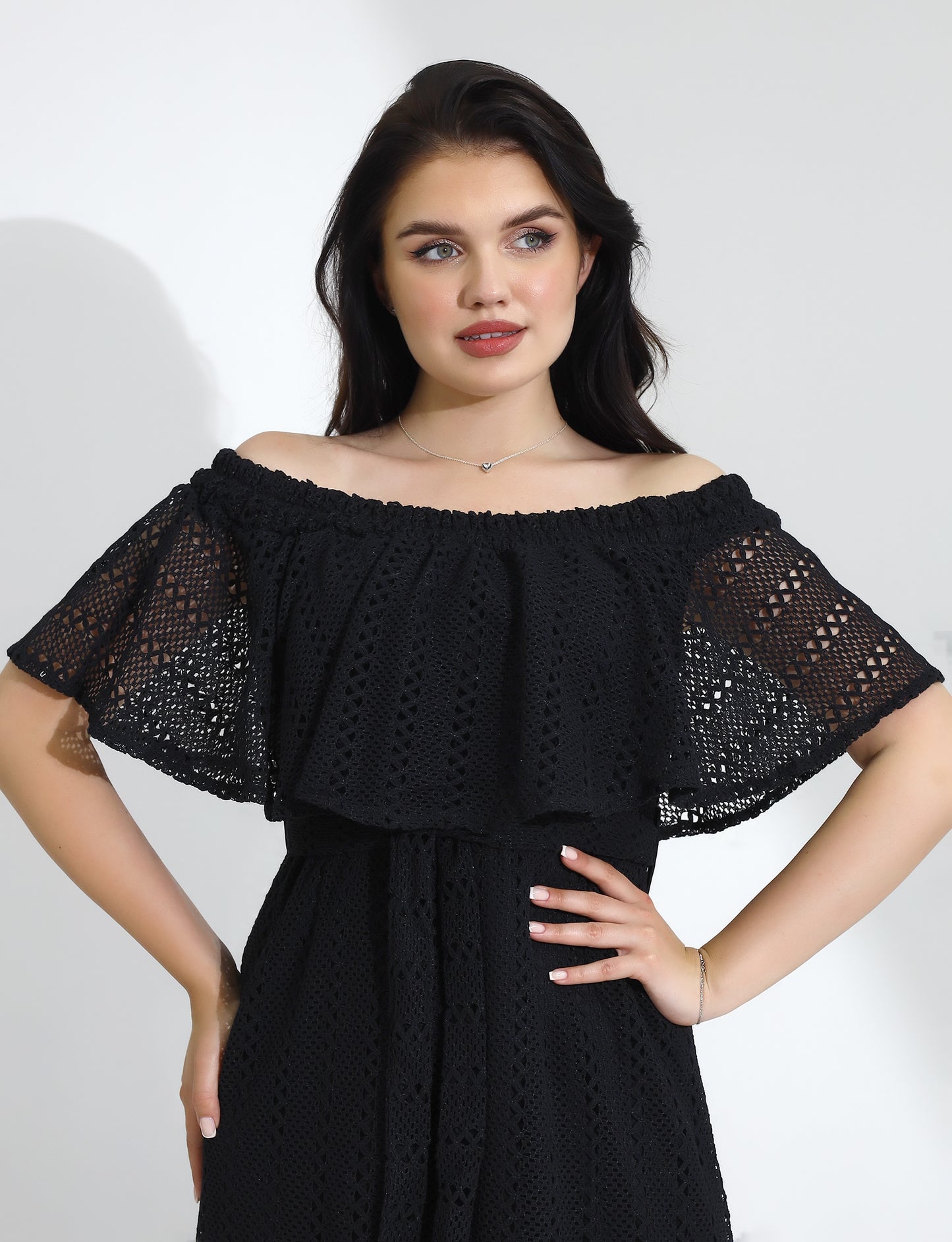 Elegant Black Off-Shoulder Maxi Dress with Ruffle Overlay