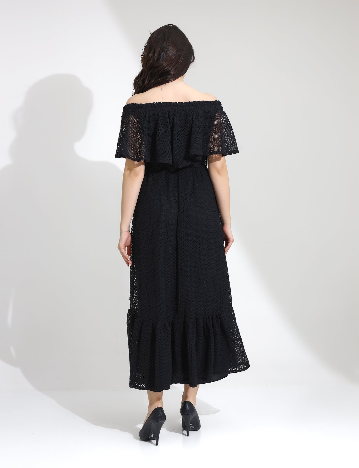 Elegant Black Off-Shoulder Maxi Dress with Ruffle Overlay