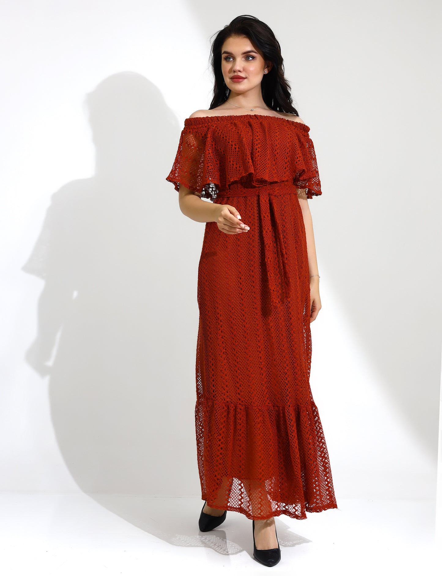 Off-Shoulder Rust Lace Maxi Dress