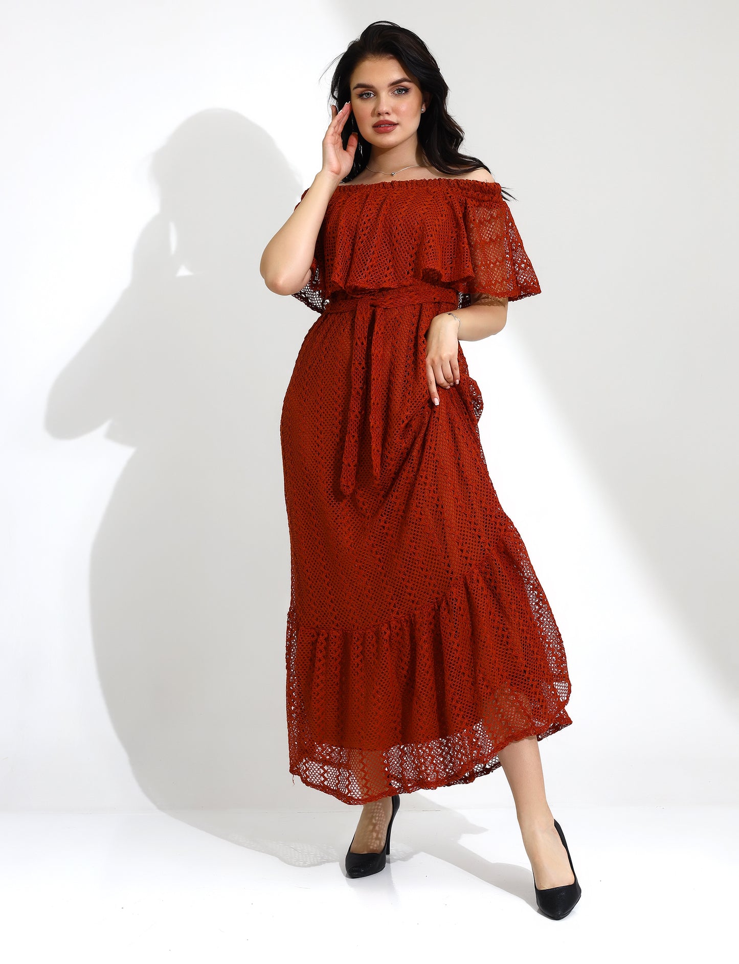 Off-Shoulder Rust Lace Maxi Dress