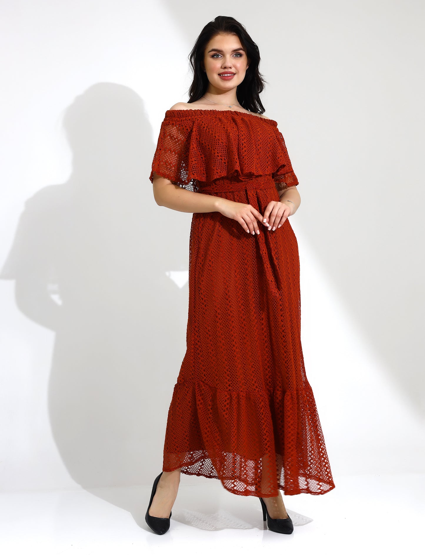 Off-Shoulder Rust Lace Maxi Dress