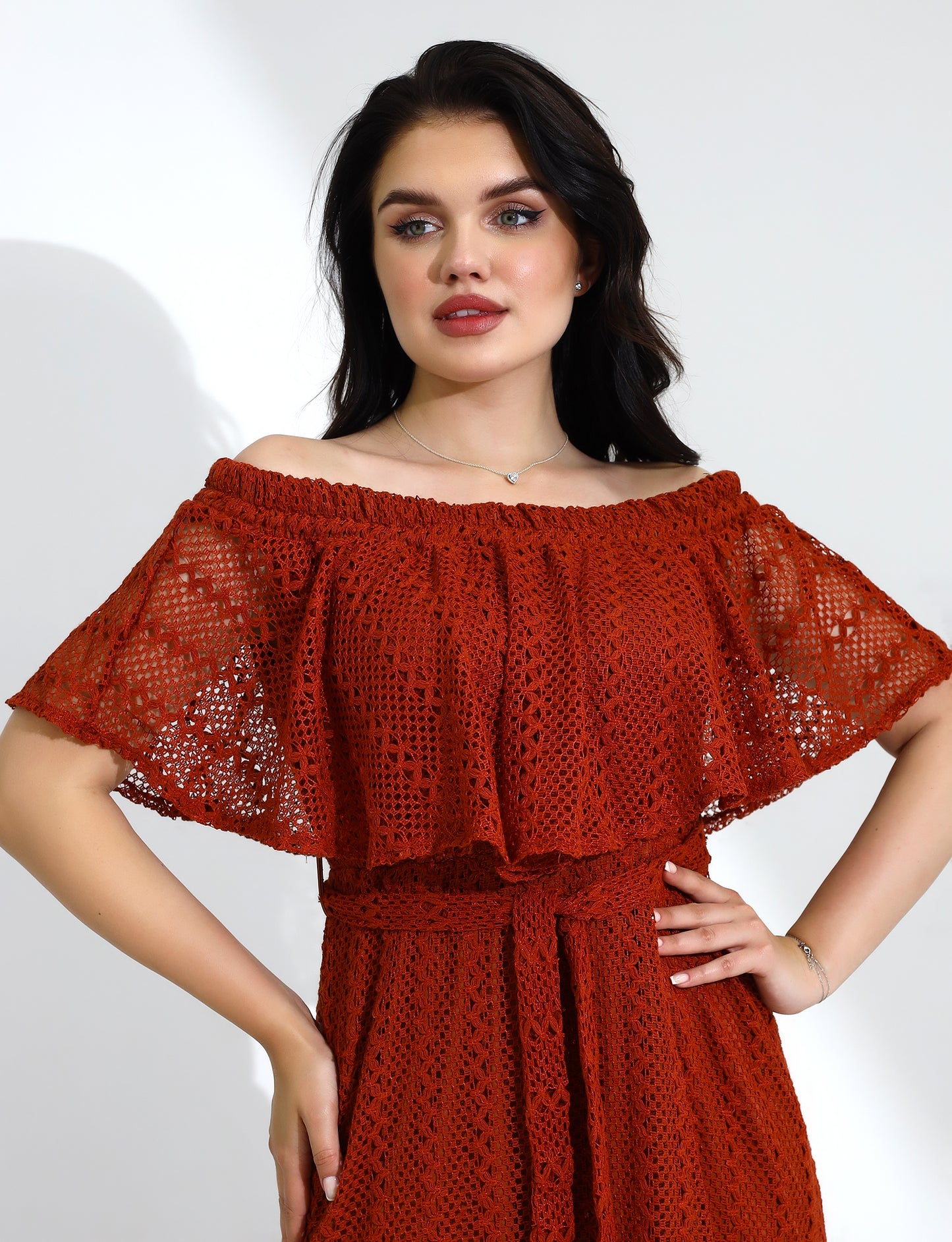 Off-Shoulder Rust Lace Maxi Dress