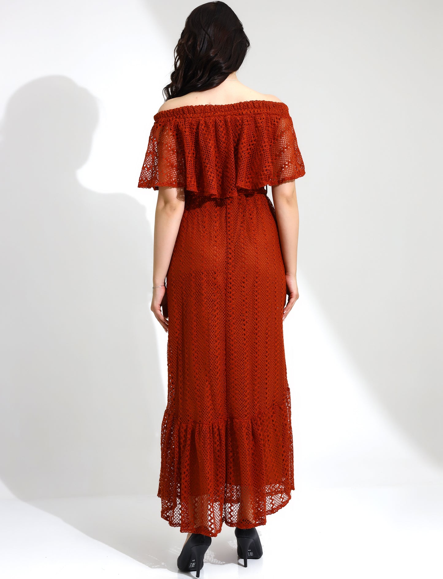 Off-Shoulder Rust Lace Maxi Dress
