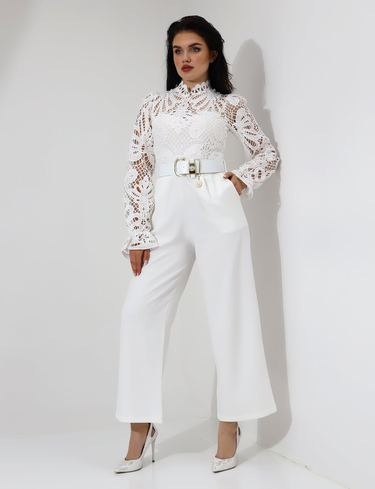 Elegant White Lace High-Neck Jumpsuit with Belt