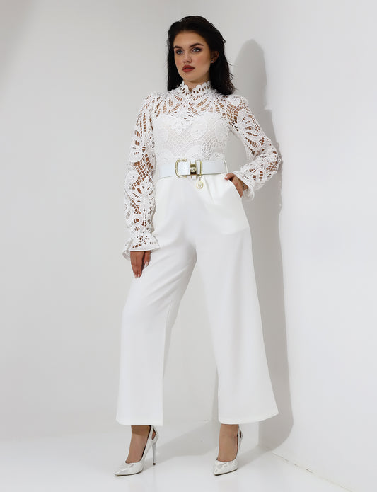 Elegant White Lace High-Neck Jumpsuit with Belt