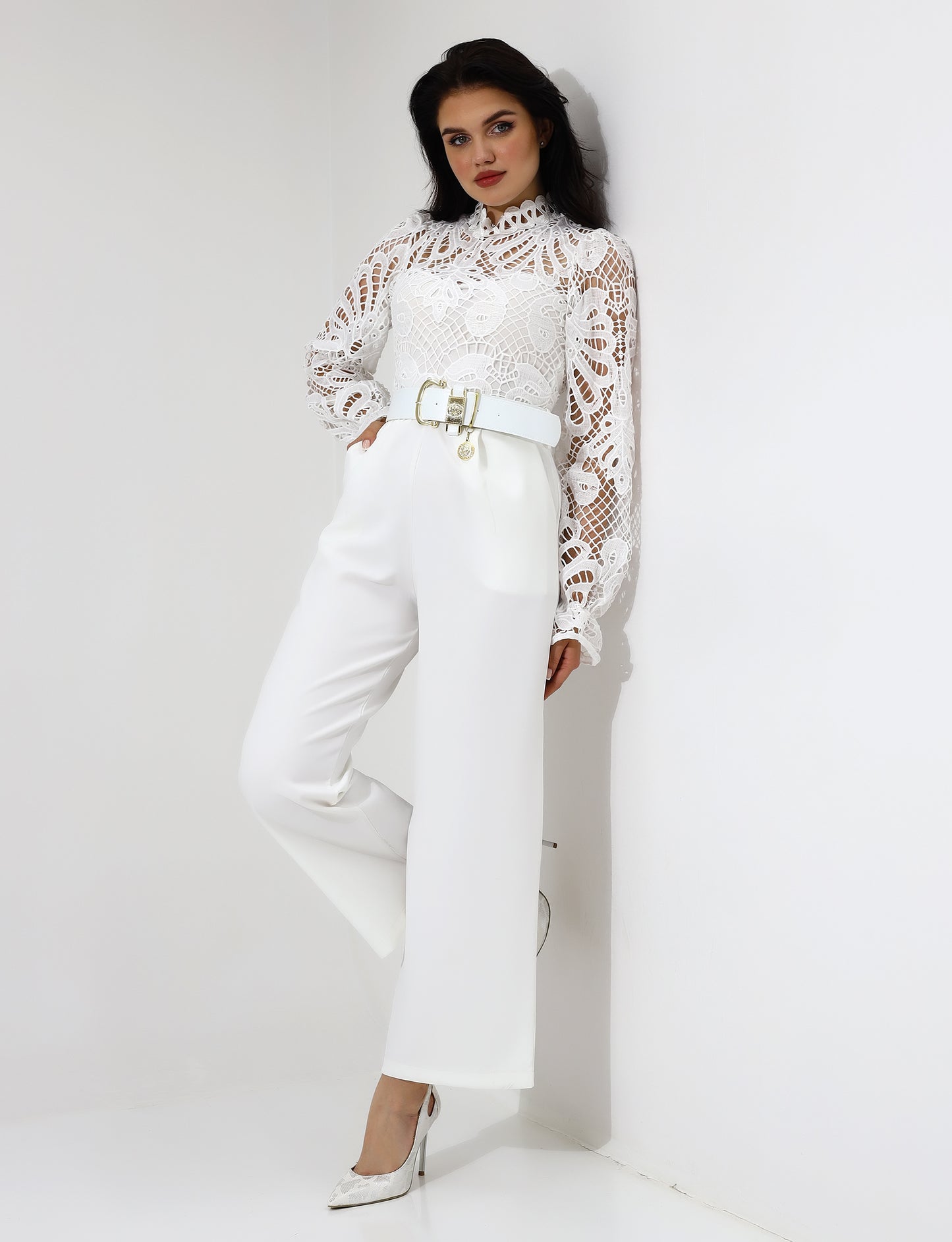 Elegant White Lace High-Neck Jumpsuit with Belt