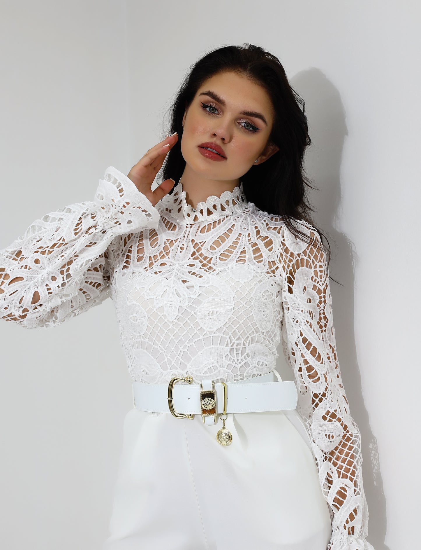 Elegant White Lace High-Neck Jumpsuit with Belt