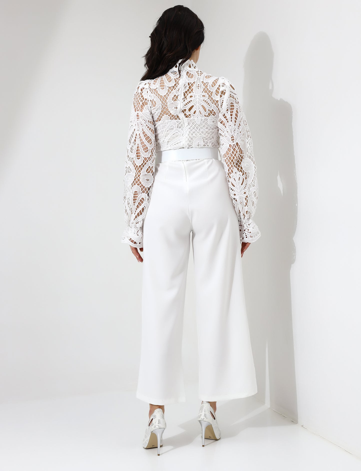 Elegant White Lace High-Neck Jumpsuit with Belt