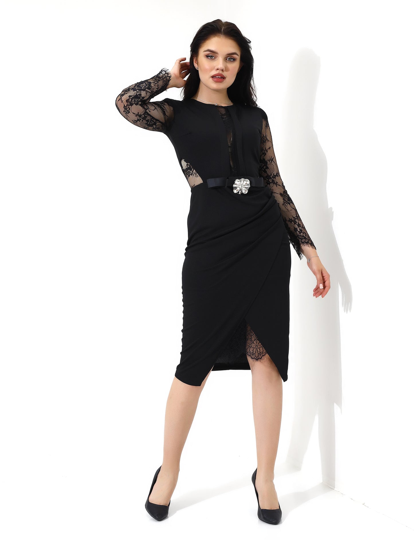 Elegant Black Lace Dress with Crystal Brooch