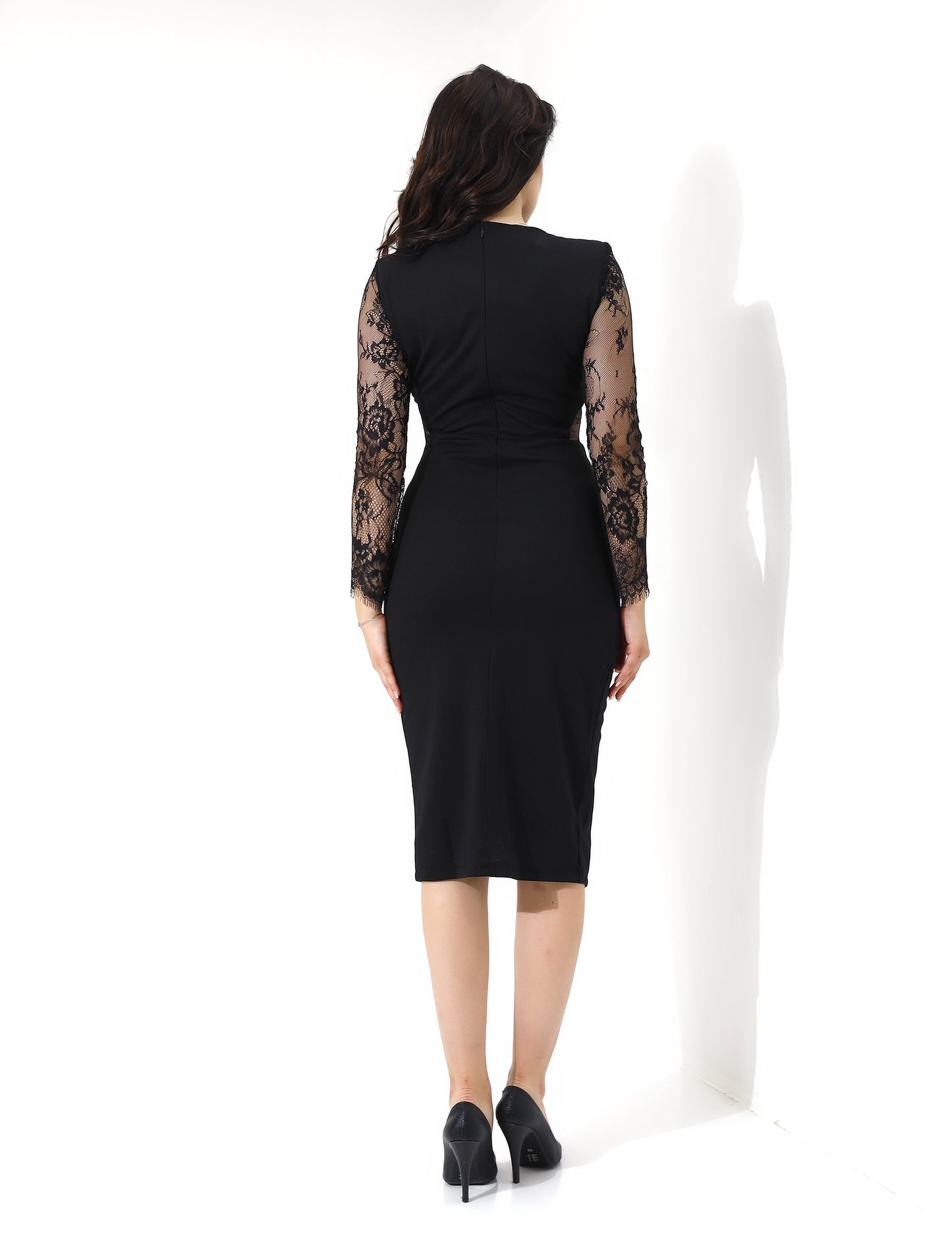 Elegant Black Lace Dress with Crystal Brooch