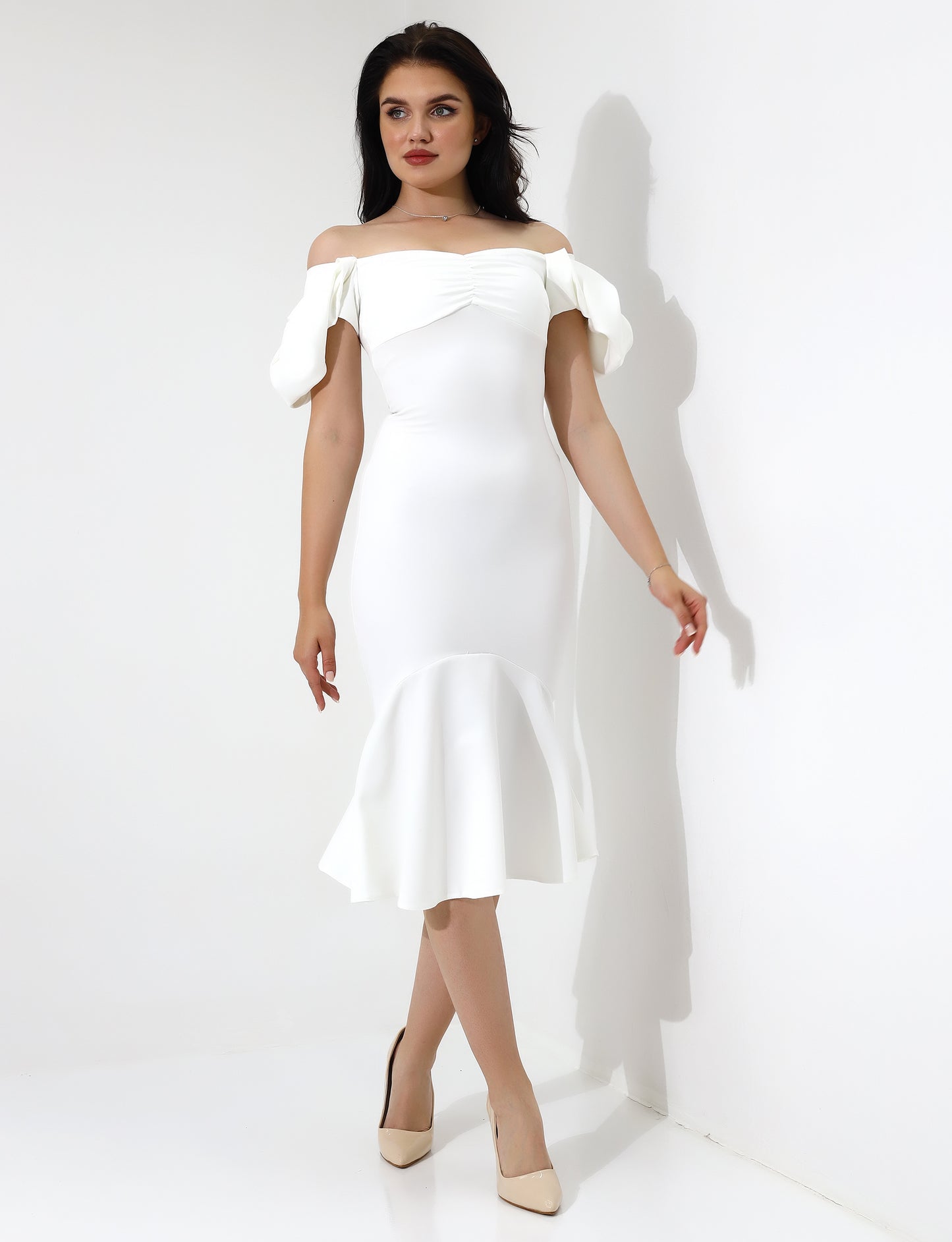 Elegant Off Shoulder Midi Dress with Puff Sleeves – White