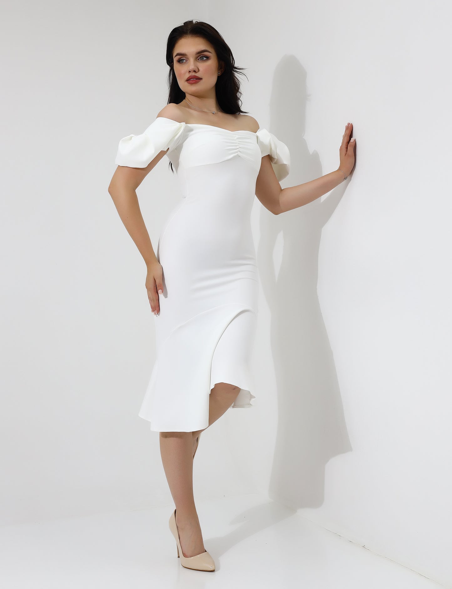 Elegant Off Shoulder Midi Dress with Puff Sleeves – White