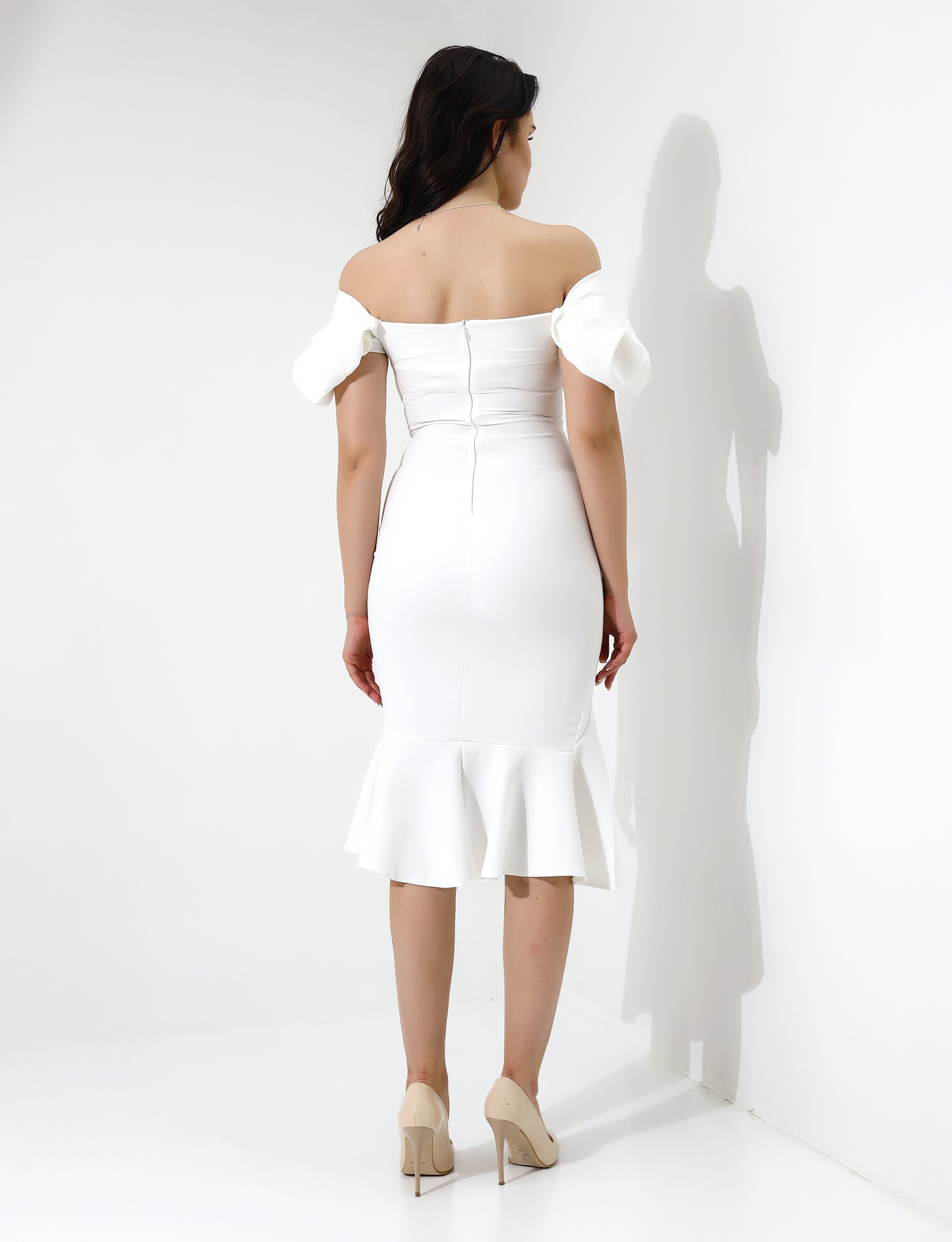 Elegant Off Shoulder Midi Dress with Puff Sleeves – White