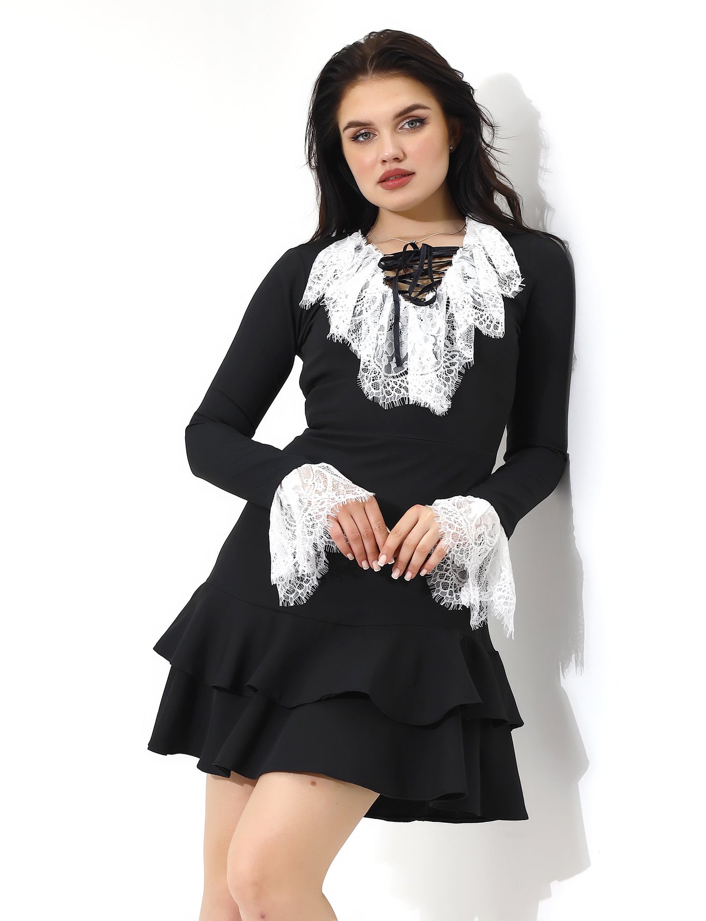 Elegant Lace Trim Black Dress