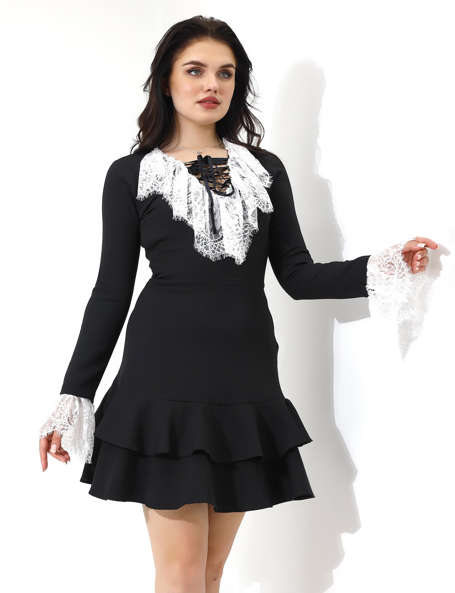 Elegant Lace Trim Black Dress