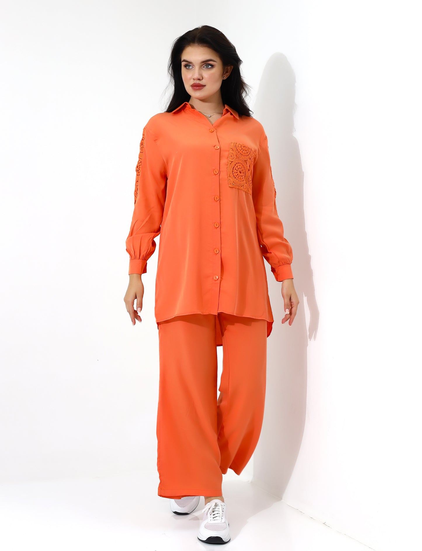 Womens Orange Two Piece Set with Lace Details