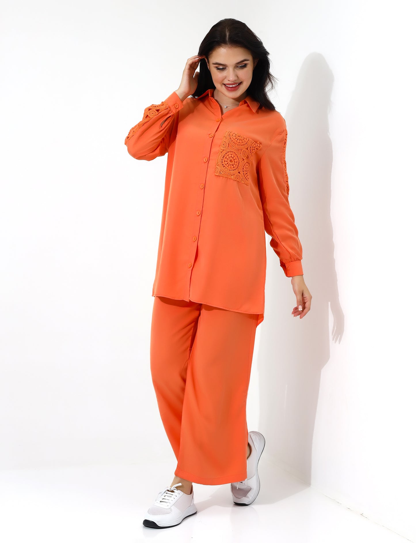 Womens Orange Two Piece Set with Lace Details