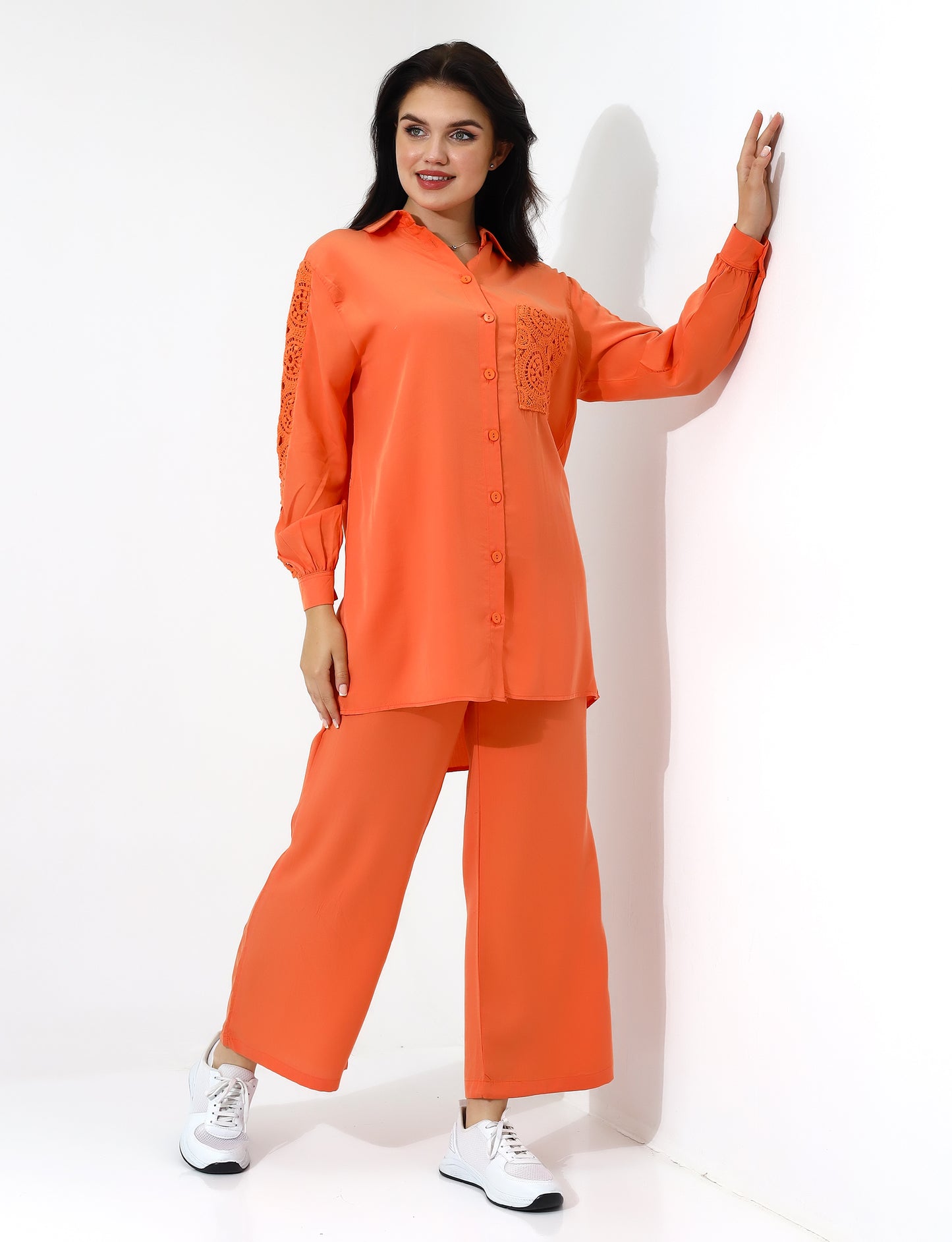 Womens Orange Two Piece Set with Lace Details
