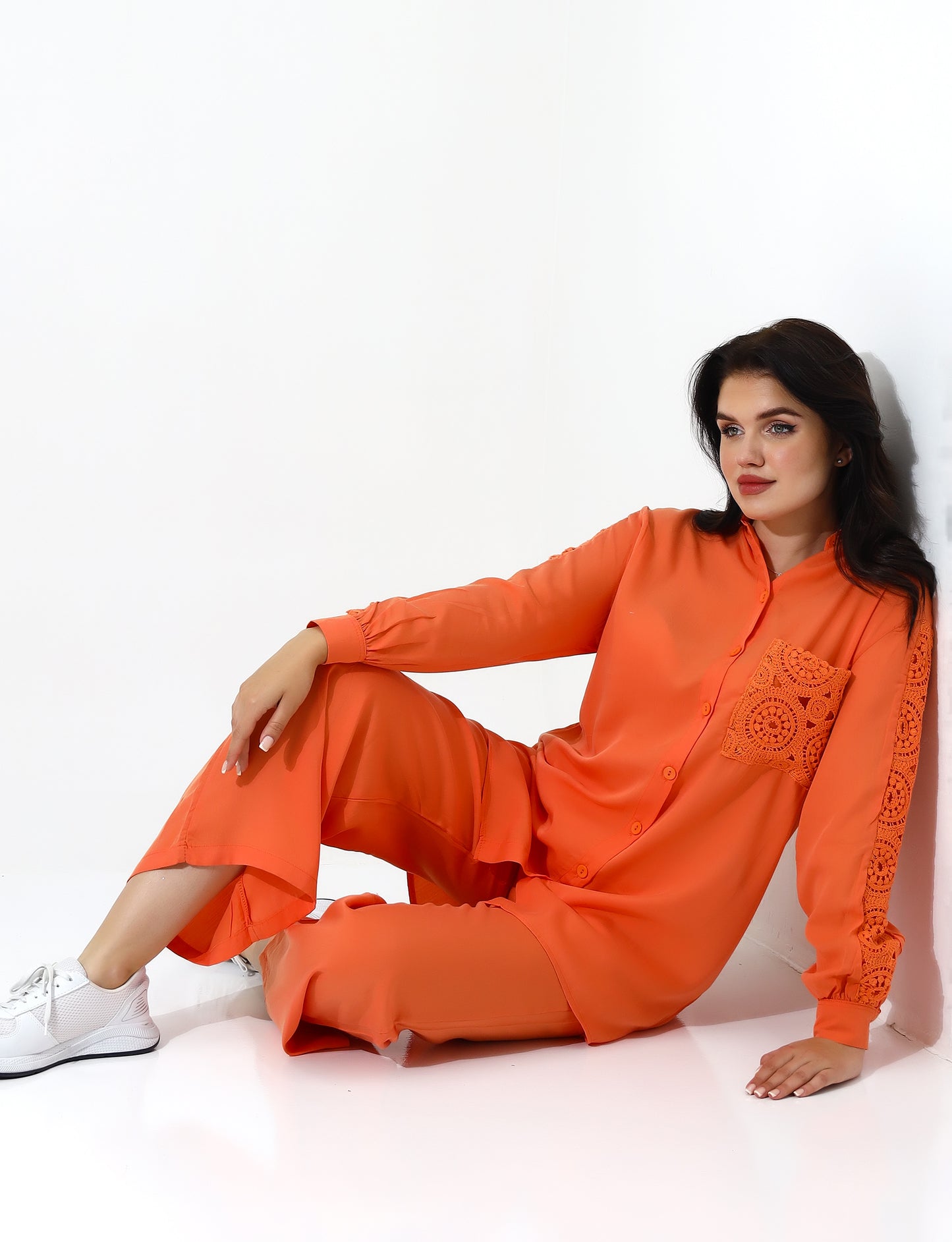 Womens Orange Two Piece Set with Lace Details