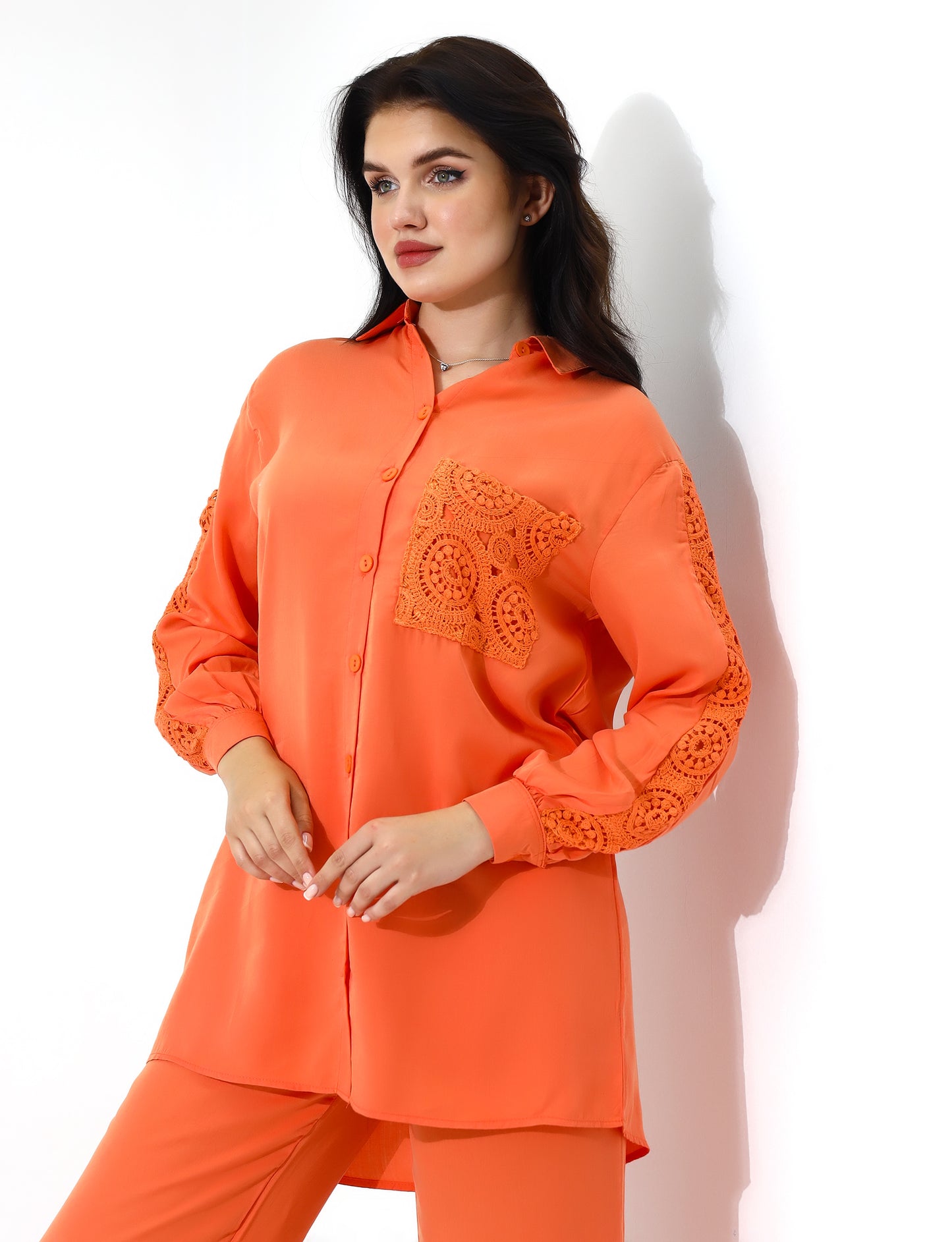 Womens Orange Two Piece Set with Lace Details