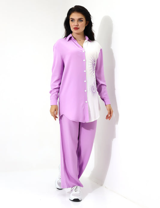 Stylish Two-Tone Button-Down Shirt and Pants Set