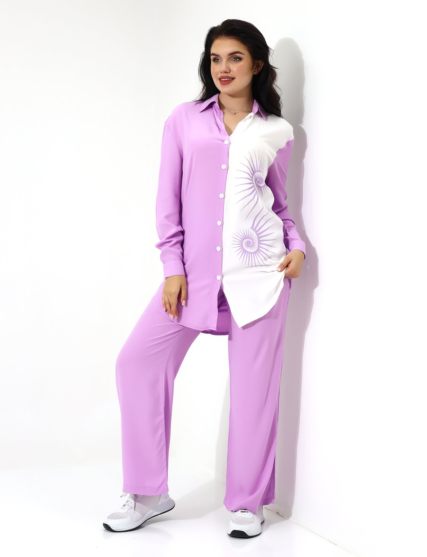 Stylish Two-Tone Button-Down Shirt and Pants Set
