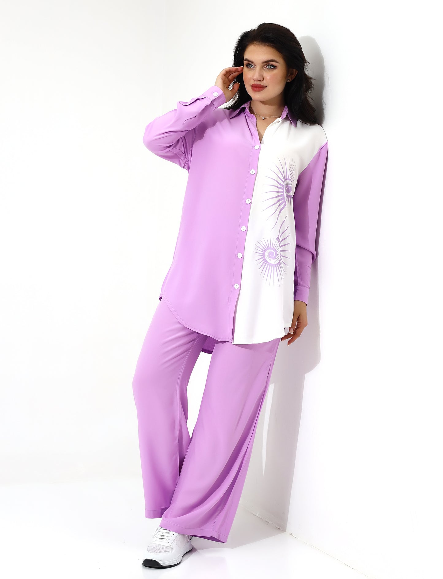 Stylish Two-Tone Button-Down Shirt and Pants Set