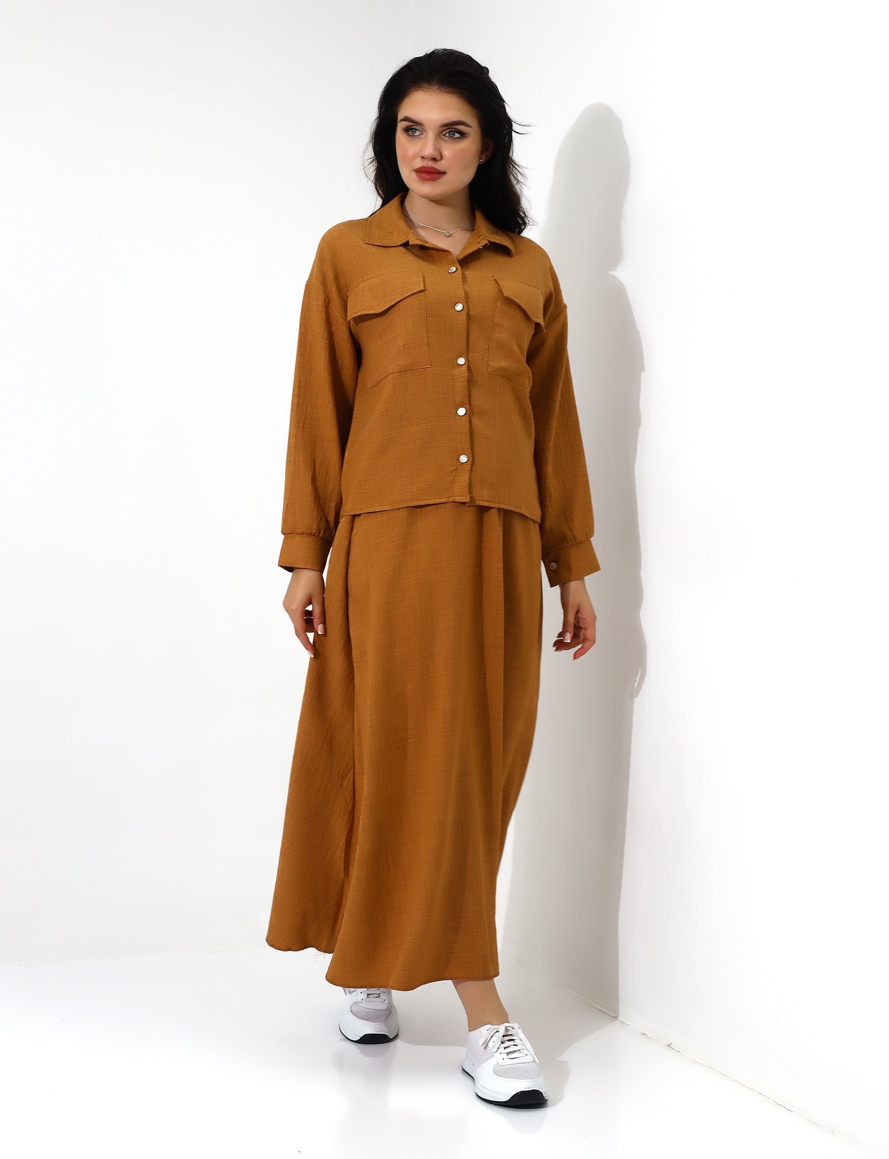 Elegant Mustard Button-Down Long Skirt Set - Stayele Store S