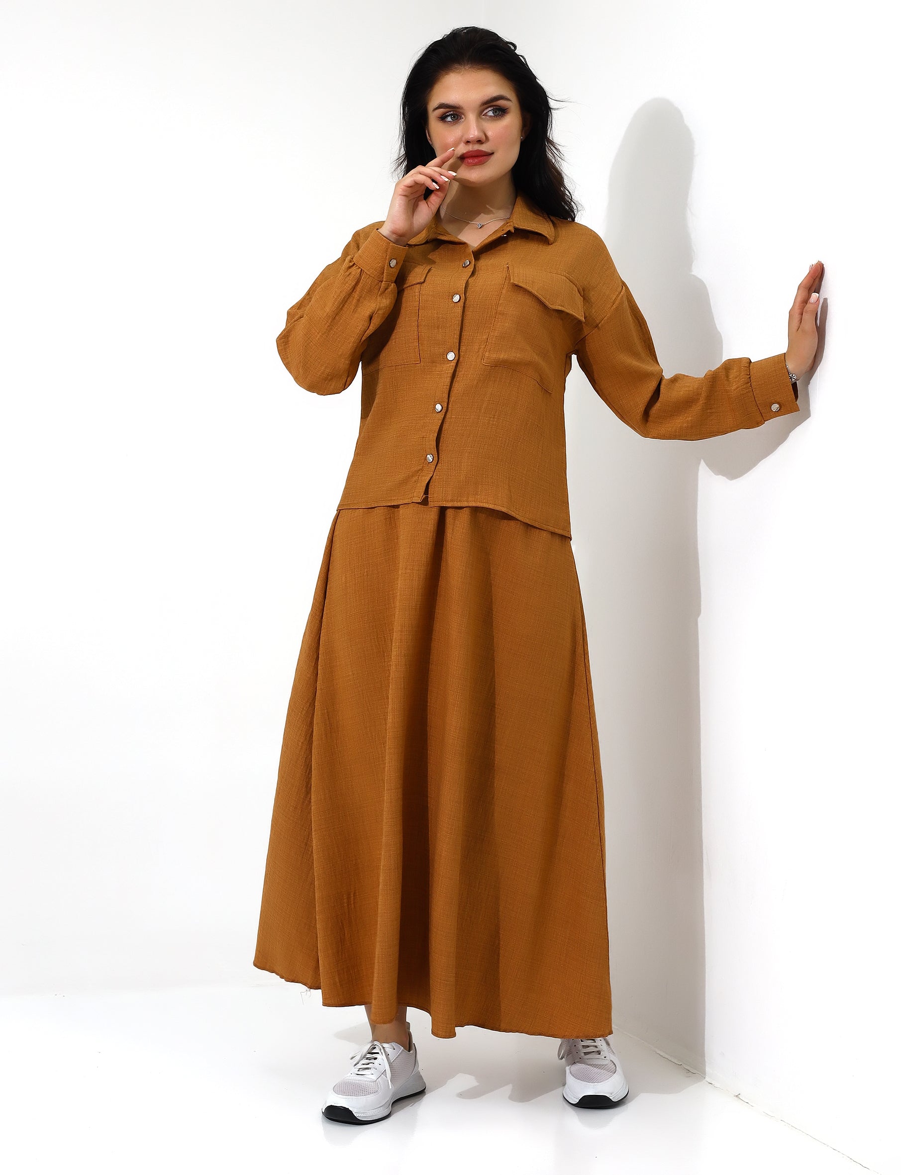 Elegant Mustard Button-Down Long Skirt Set - Stayele Store S