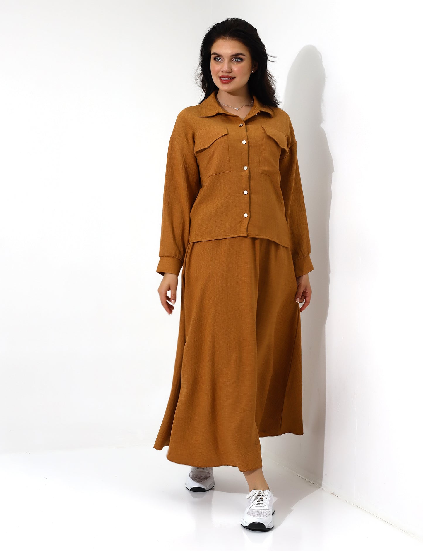 Elegant Mustard Button-Down Long Skirt Set - Stayele Store S