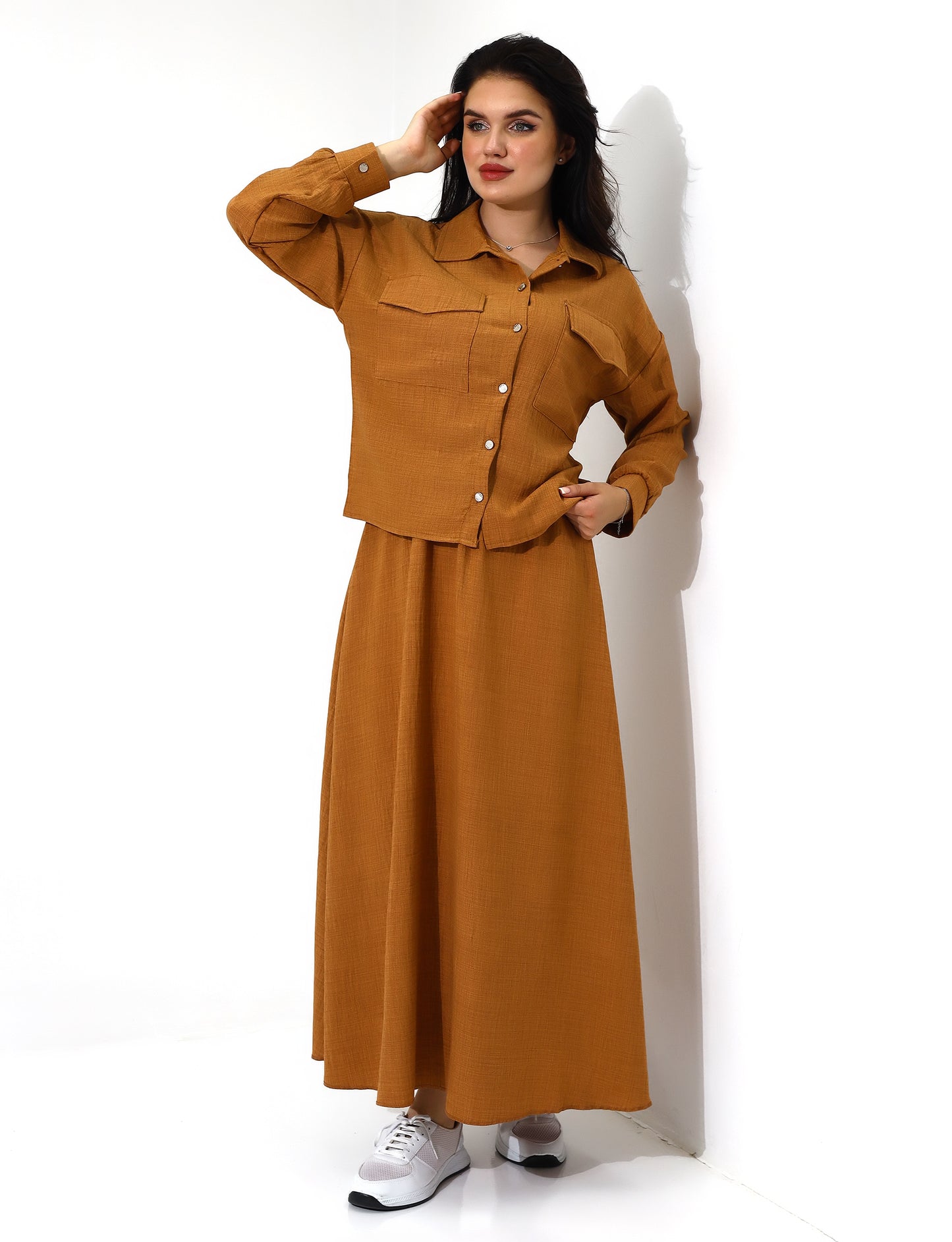 Elegant Mustard Button-Down Long Skirt Set - Stayele Store S