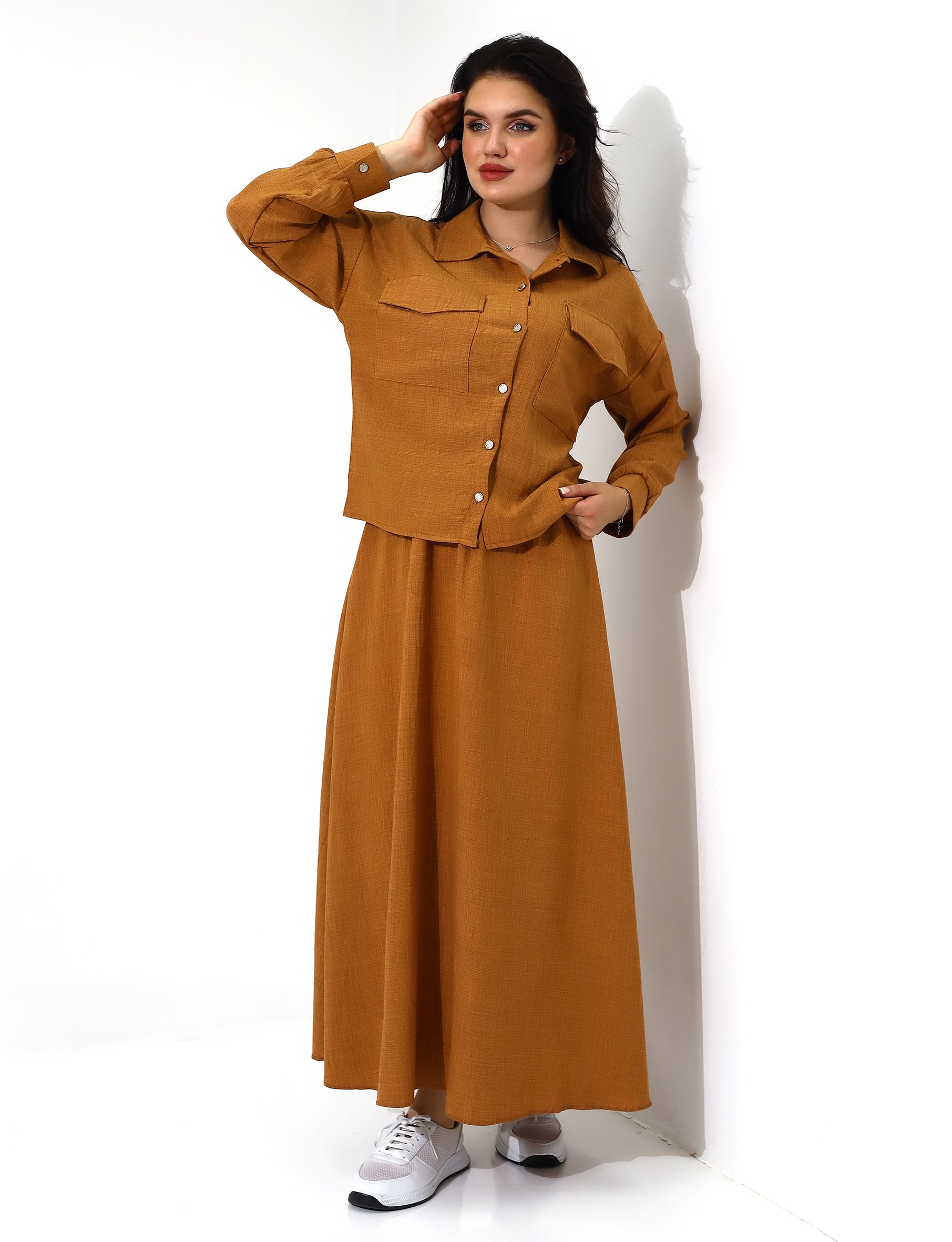 Elegant Mustard Button-Down Long Skirt Set - Stayele Store S