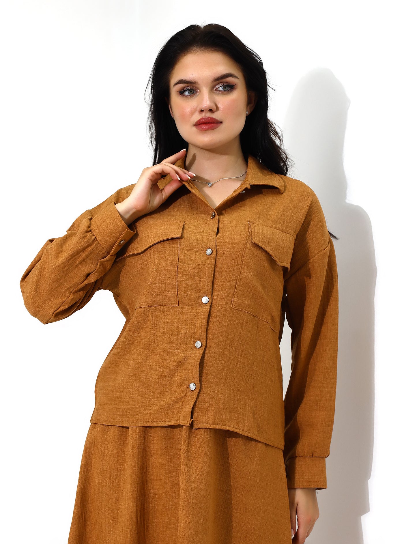 Elegant Mustard Button-Down Long Skirt Set - Stayele Store S