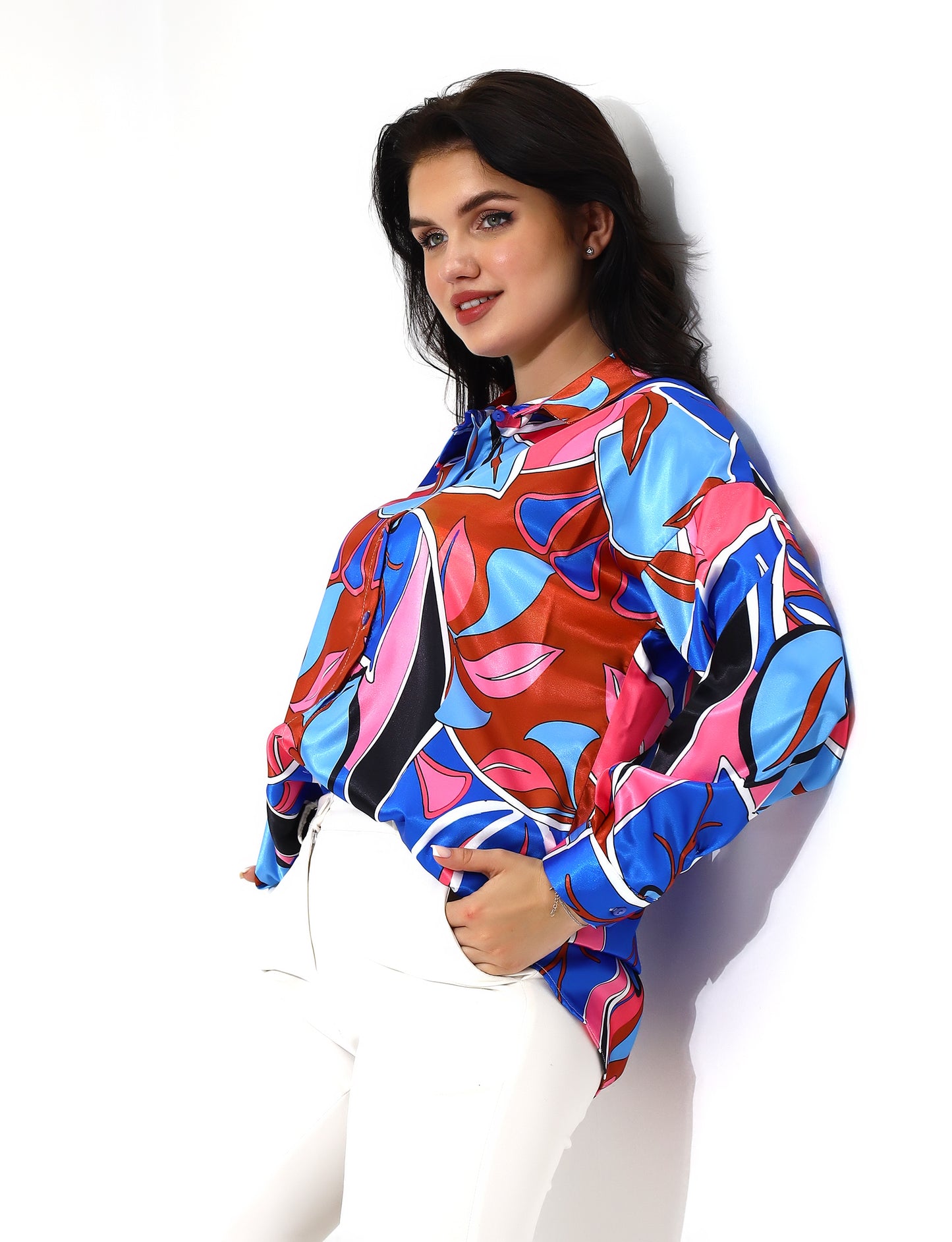 Vibrant Abstract Print Long-Sleeve Blouse