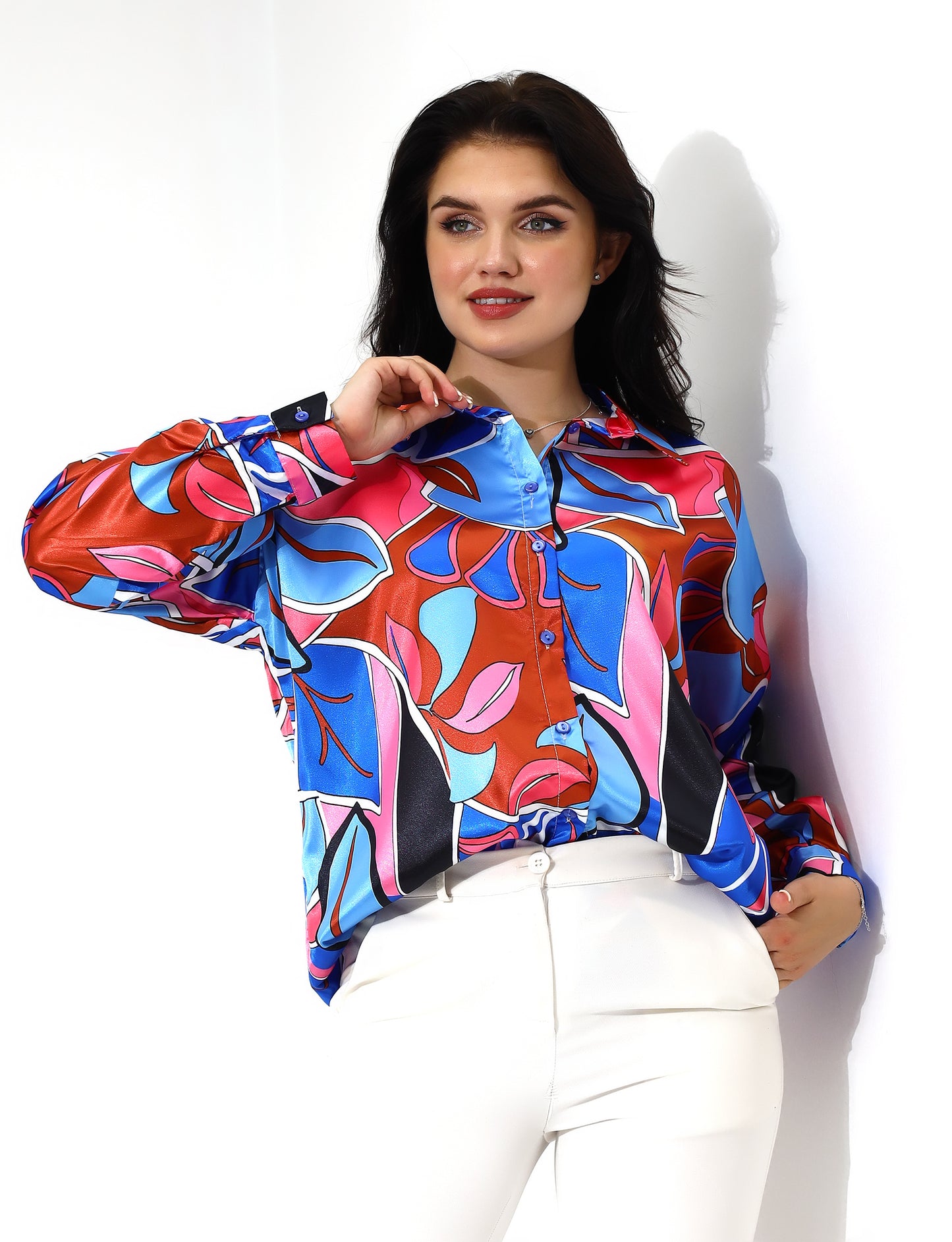 Vibrant Abstract Print Long-Sleeve Blouse