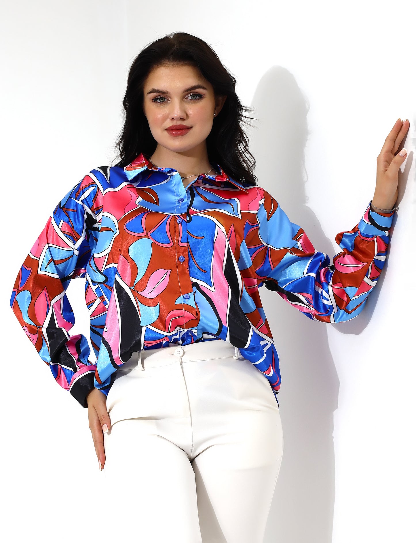 Vibrant Abstract Print Long-Sleeve Blouse