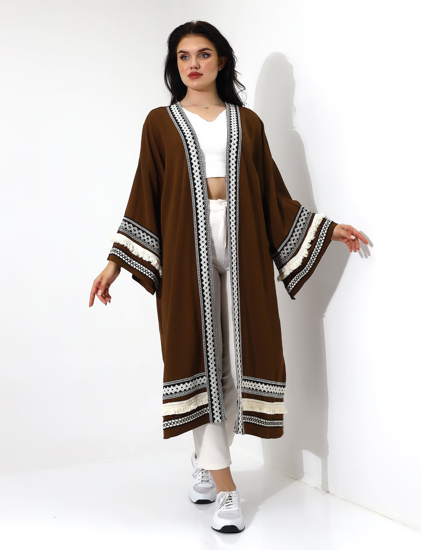 Elegant Brown Open Front Abaya with Lace Details
